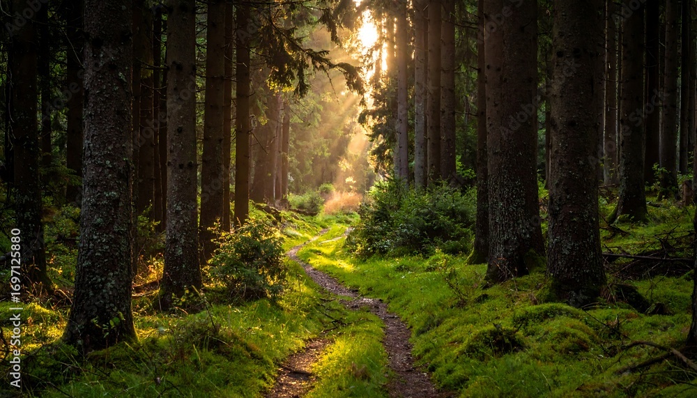 Fototapeta premium Sunlight path through a forest