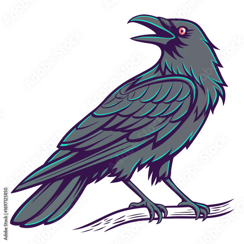 Illustration of a gray raven perched on a branch