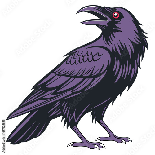 Illustration of a purple raven perched on a branch