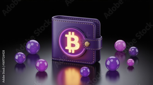 A purple bitcoin wallet surrounded by purple spheres on a reflective surface against a dark background creates a modern digital currency scene