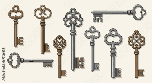 Illustration showing a collection of antique keys with intricate designs and varying metal finishes displayed