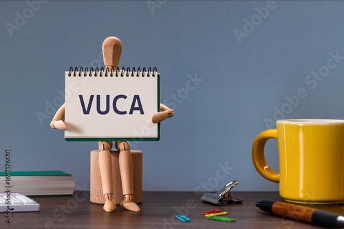 There is notebook with the word VUCA. It is an abbreviation for Volatility, Uncertainty, Complexity, Ambiguity as eye-catching image.