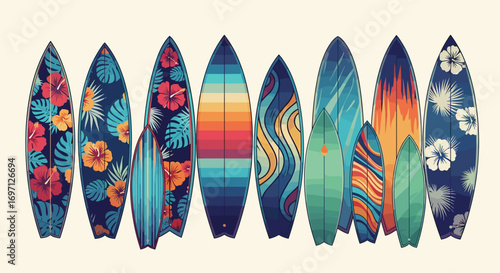 Collection of surfboards with various colorful designs standing side by side on a light background