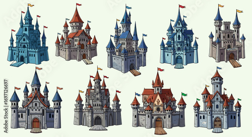 Collection of eight cartoon castles with varying colors and architectural designs on a light background