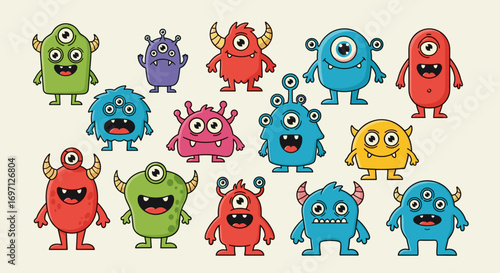 Collection of cartoon monsters with various colors shapes and eye arrangements standing in a group