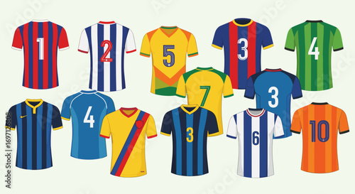 Collection of colorful soccer jerseys with different numbers and stripe patterns displayed on a white background