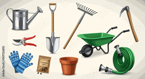 Illustration of various gardening tools including watering can shovel and wheelbarrow on white background