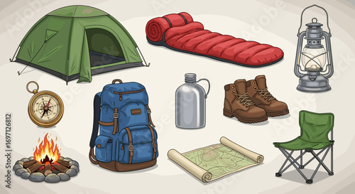 Illustration of camping gear including a tent, backpack, fire, and other outdoor adventure equipment
