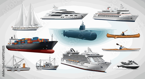 A collection of various watercraft including sailboats yachts cargo ships and personal watercrafts seen