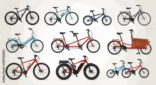 Collection of various bicycles including mountain bikes tandem bikes and cargo bikes on a white background