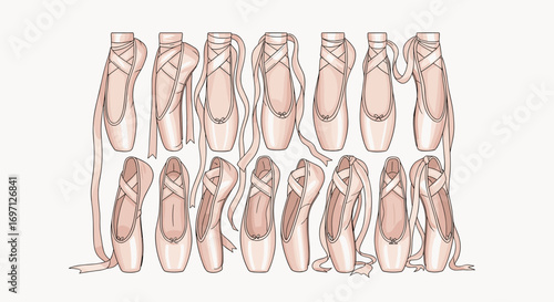 Collection of ballet pointe shoes arranged in rows with delicate ribbon ties and soft pink color palette