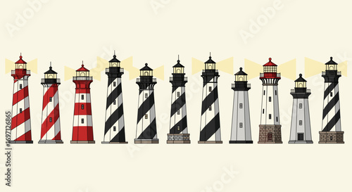 Illustration of ten lighthouses with varying color patterns and architectural styles in a row format