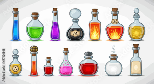 Collection of cartoon potion bottles filled with colorful liquids and sealed with corks in a row design