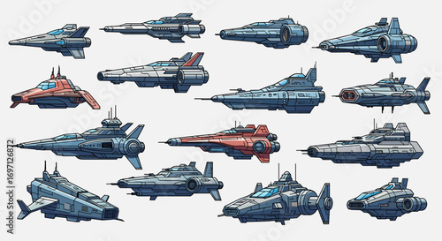Collection of cartoon spaceships in various designs and colors arranged on a white background surface