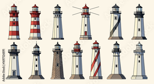 Collection of twelve lighthouse illustrations with varying designs and color schemes in a group