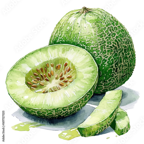 Honeydew, watercolor drawing vector, isolated on a white background.