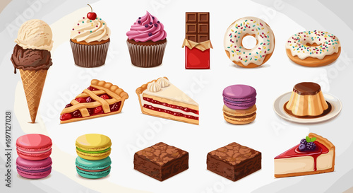 Illustration of assorted desserts including ice cream, cupcakes, pies, and other sweet treats