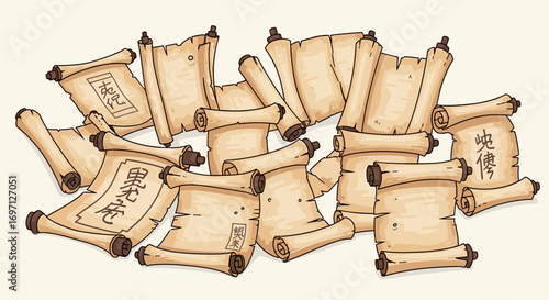 Illustration depicting a collection of numerous tan colored scrolls with asian characters written on them