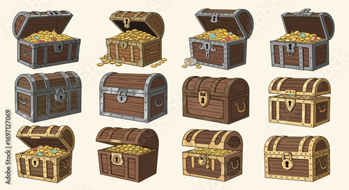 Illustration showing a collection of twelve treasure chests filled with gold coins and other valuables