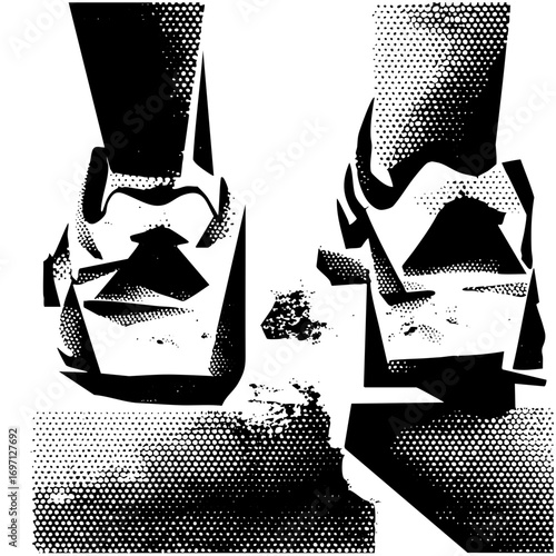 Vector Dramatic face-off featuring stylized figures with halftone .