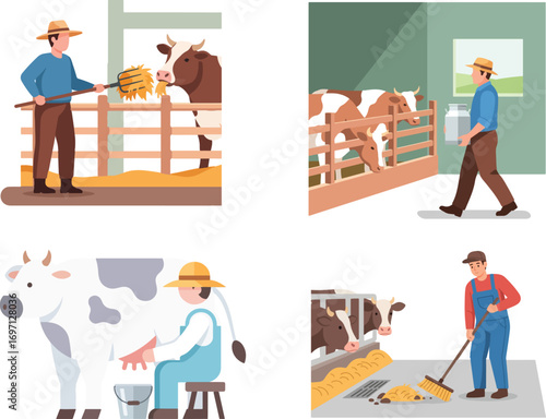 cattle breeders and activities in the barn flat design vector