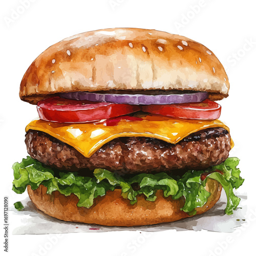 Hamburger, watercolor vector, isolated on a white background.