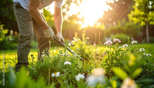 A man weeding a garden at sunset