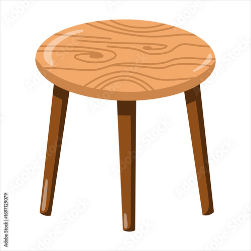 Wooden round stool in simple rustic style. Small home tea table. Cartoon Vector isolated illustration on white background. 