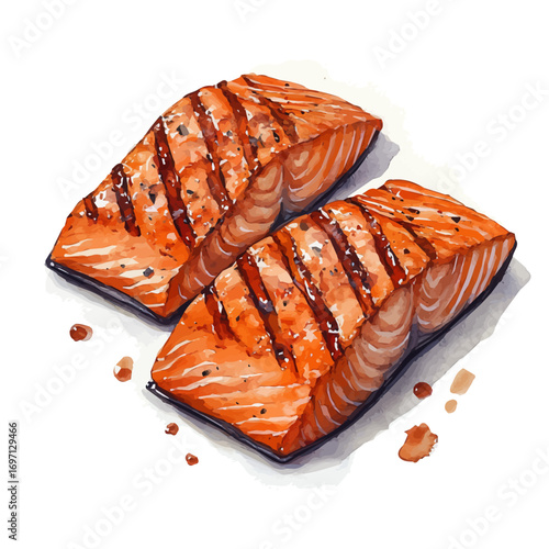 Grilled Salmon, watercolor clipart vector, isolated on a white background.
