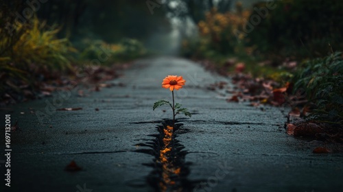 Resilient orange flower blooming through asphalt crack