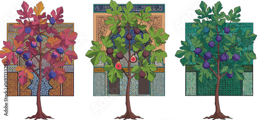 Artistic illustration of fig trees with ripe fruits and colorful leaves, set against detailed mosaic backgrounds, Mediterranean garden concept