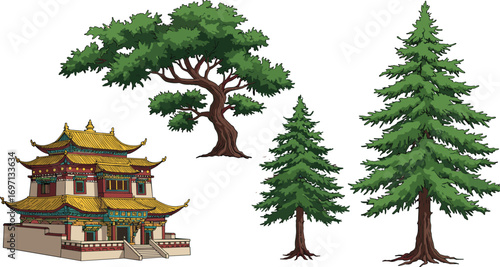 Illustration of traditional Asian pagoda with golden roof alongside pine and bonsai trees, cultural landscape, nature, architecture, and heritage concept