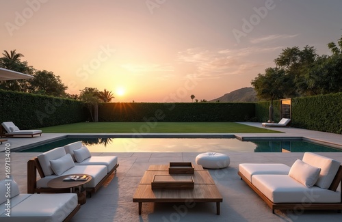 Elegant backyard patio features modern furniture near pool at sunset. Greenery, manicured hedges surround lawn. Tranquil oasis offers luxury home relaxation and serene landscape design.