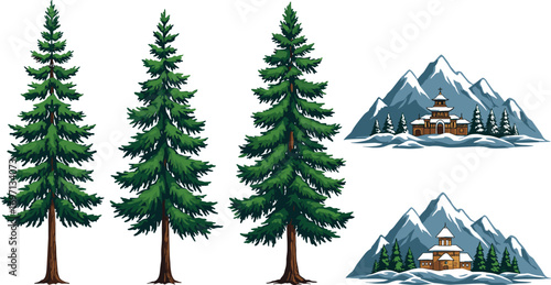 Tall pine trees with snowy mountain villages, winter landscape, alpine scenery, snow-covered peaks, cozy cabins, evergreen forest, cold season nature