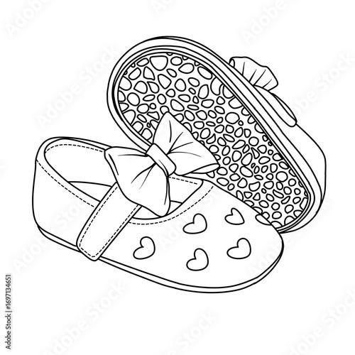 Adorable Baby Shoes with Bow and Heart Details Line Art.