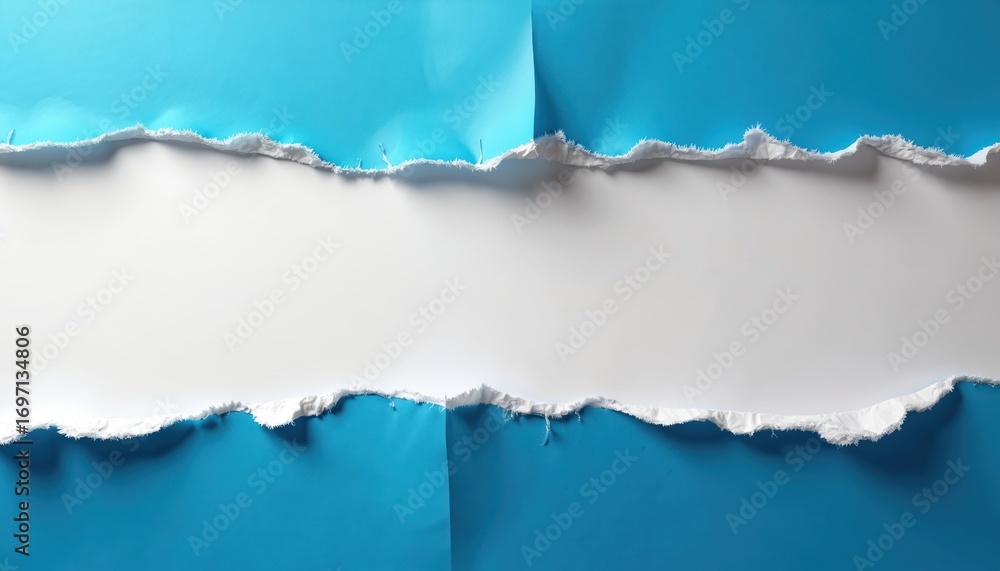 Fototapeta premium Torn blue paper with white background, creating space for text design. Ripped edges provide grunge aesthetic. Perfect for creative projects, abstract concepts, web design, marketing materials,