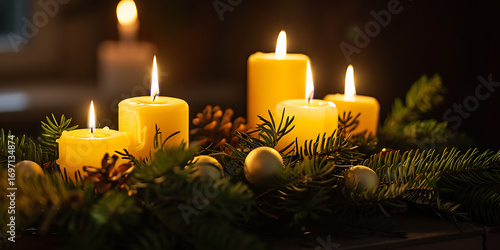 Four Glowing Candles with Pine Branches and Pinecones in Festive Setting