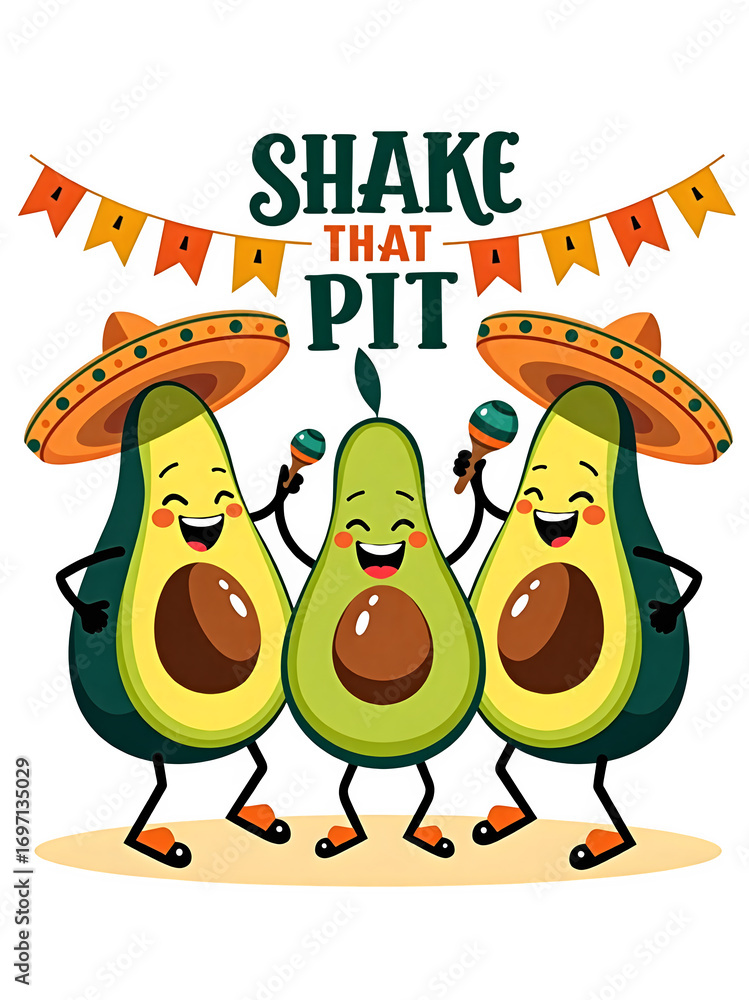 Fototapeta premium Three happy avocados wearing sombreros and playing maracas with a banner saying Shake That Pit transparent background. for print on demand merchandise, t shirt