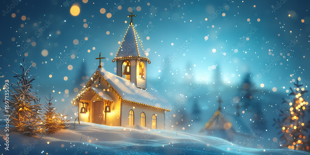Fototapeta premium Snowy Church with Lit Christmas Trees Under Bokeh Night Sky