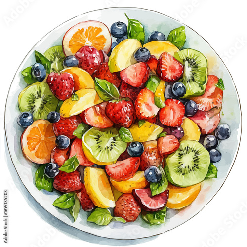 Fruit Salad, watercolor drawing vector, isolated on a white background.