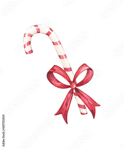 Hand drawn watercolor illustration of a candy cane with red and white stripes and a red bow, isolated on a white background.