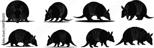 Armadillo silhouettes, wildlife animal shapes, isolated vector illustration, exotic mammal design, nature art, defensive shell creature, walking pose, standing position, sniffing ground