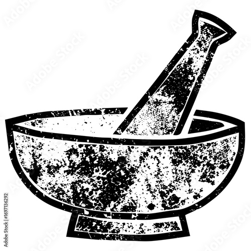 Vector Distressed mortar and pestle depicts traditional apothecary tools.