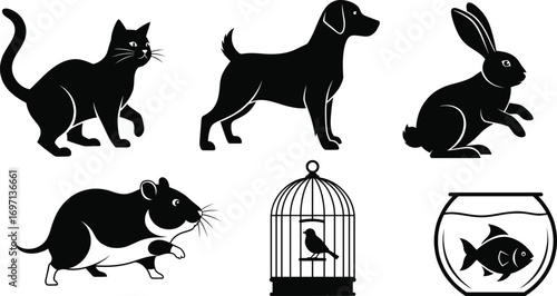 Silhouette, pet animals, cat, dog, rabbit, guinea pig, bird in cage, fish in bowl, domestic pets, vector illustration, icons