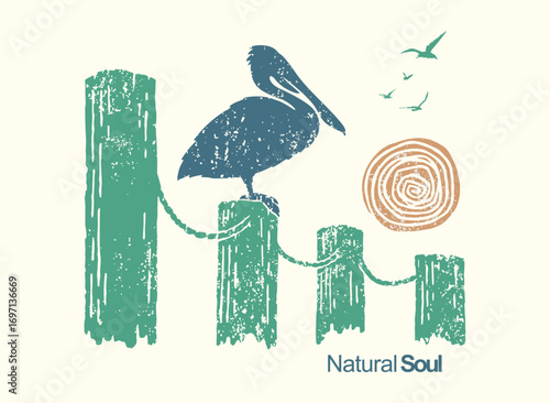 Stylized illustration of a pelican silhouette on the docks.