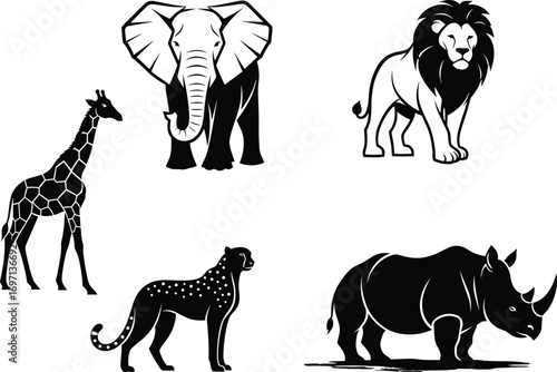 African wildlife illustration, elephant, lion, giraffe, cheetah, rhinoceros, black and white, safari animals, nature art, endangered species, conservation, fauna, zoo, jungle, savanna