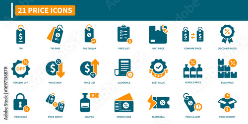 Price icon set. Containing tag, label, discount, offer, coupon, and shopping sale icons. Solid icon collection.