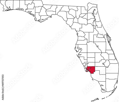 A vector map of Florida highlighting Lee County. Ideal for geographical studies, regional reports, and data visualization projects.

