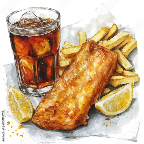 watercolor vector of Fish And Chips, isolated on a white background.