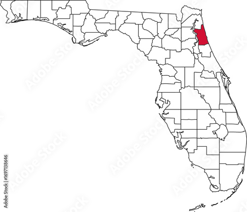 A vector map of Florida highlighting St. Johns County. Ideal for geographical studies, regional reports, and data visualization projects.

